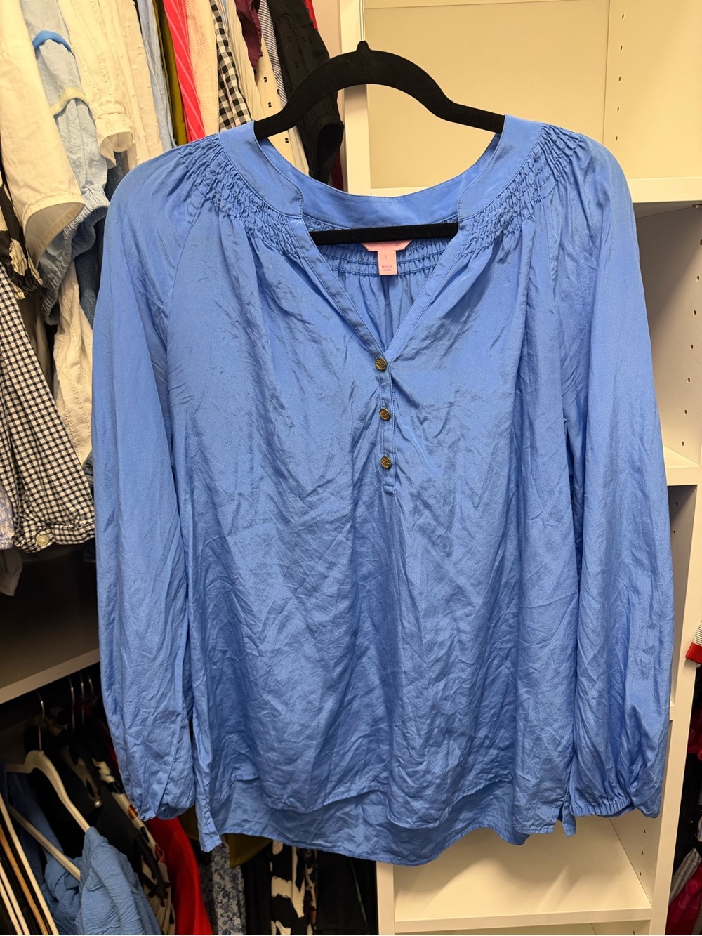Lilly Pulitzer Elsa Sky Blue Long-Sleeve Blouse 100% silk | size L